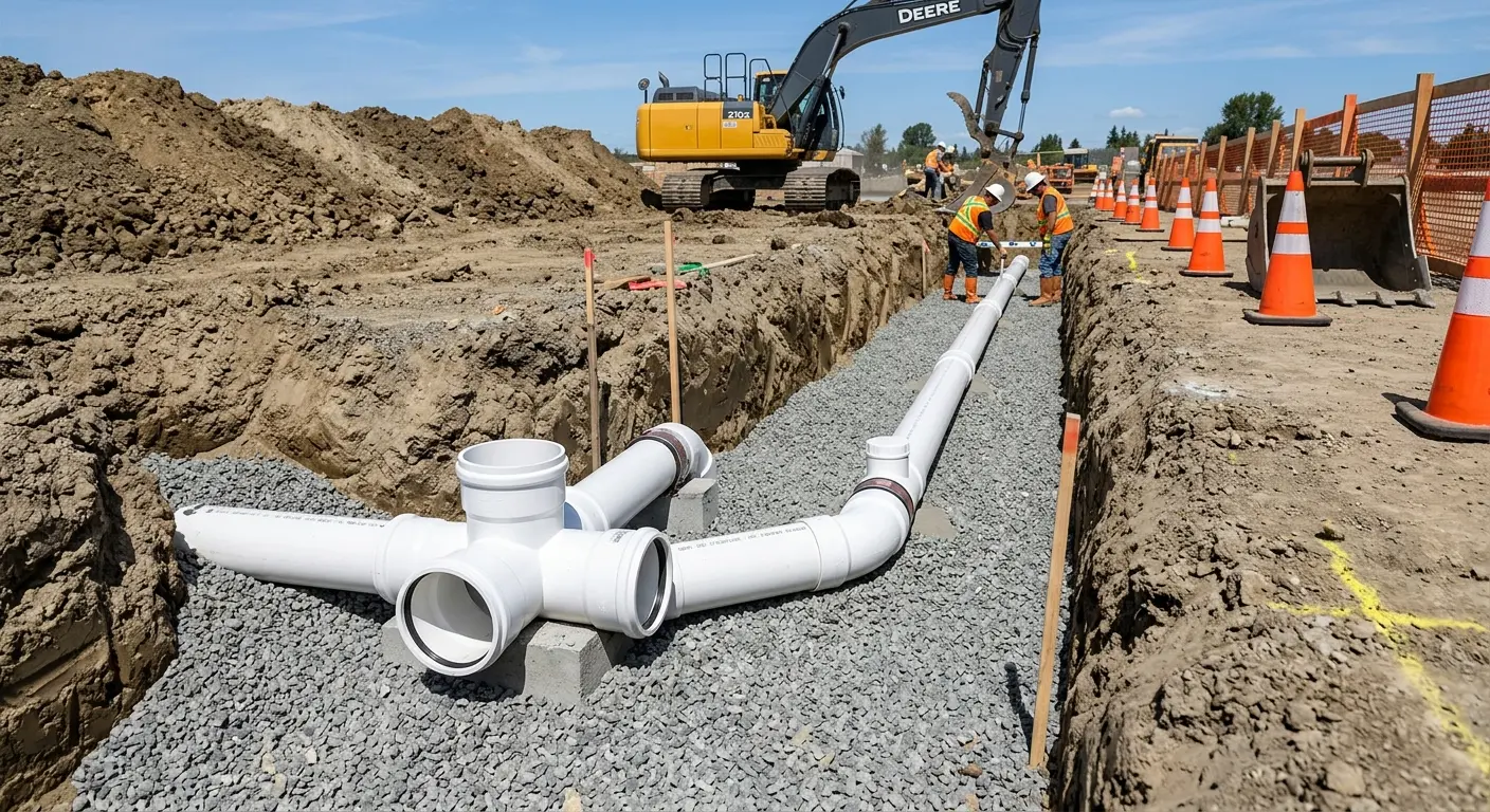 New PVC sewer pipe installation in open trench for Commercial Drain Cleaning in Minnehaha