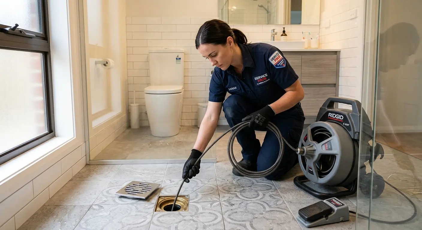 Technician clearing a bathroom floor drain for Clogged Drain Repair in Minnehaha